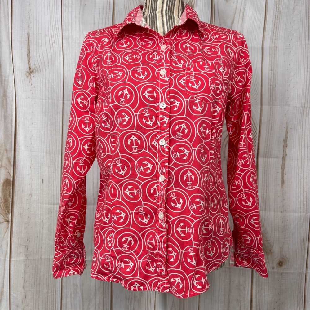 LL Bean Anchor Nautical Button Up Long Sleeve Boat Cruise Beach Blouse Red Med